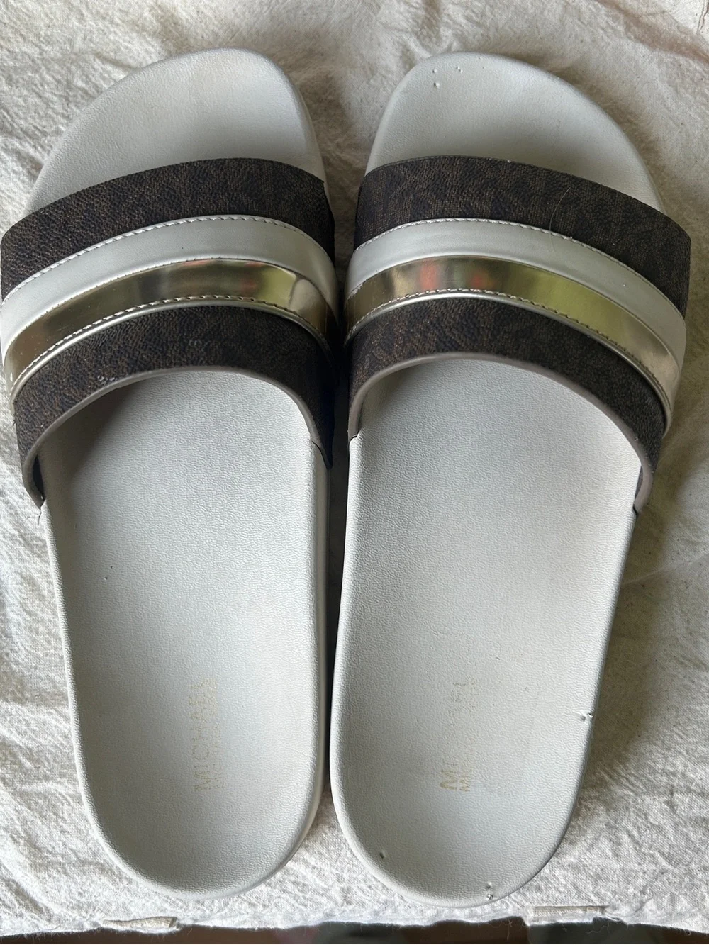 Michael Kors Women's Brown and White Slide Sandals with Metallic Gold Accent